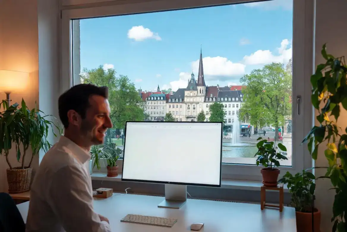 Webdesign in Karlsruhe – Kreativer Webdesigner von MaWe Design am Schreibtisch mit Ausblick auf den Karlsruher Marktplatz und die Pyramide