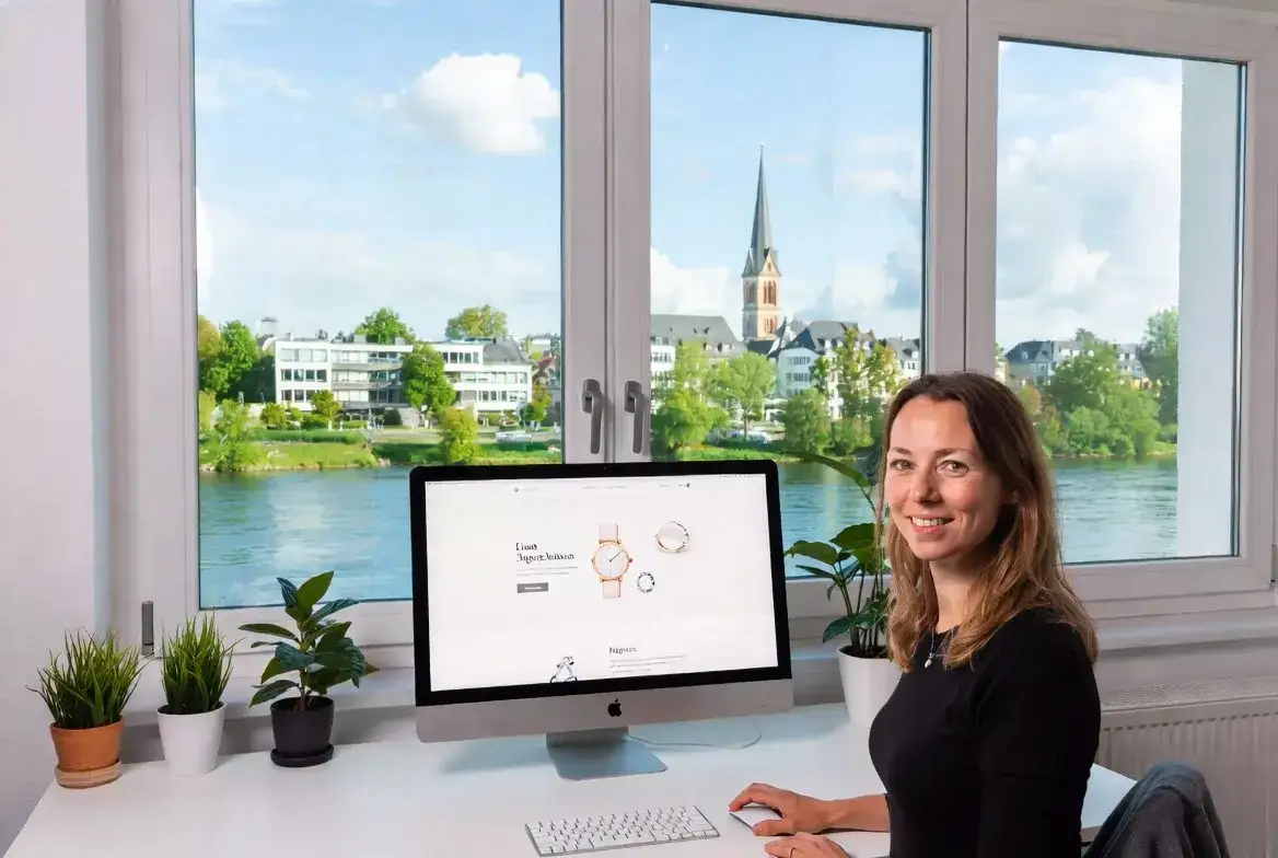 Webdesign in Pforzheim – Kreative Webdesignerin von MaWe Design am Schreibtisch mit Ausblick auf Pforzheimer Skyline, Enz und Schlosskirche St. Michael