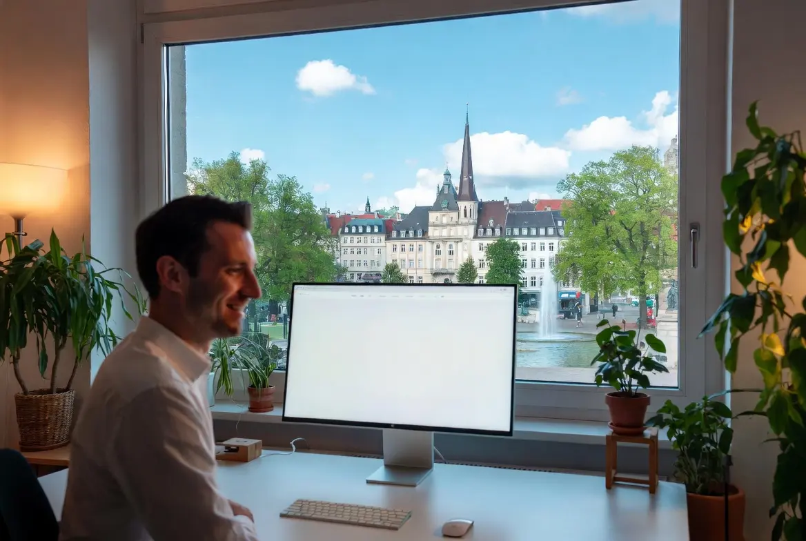 Webdesign in Karlsruhe – Kreativer Webdesigner von MAWE Design am Schreibtisch mit Ausblick auf den Karlsruher Marktplatz und die Pyramide