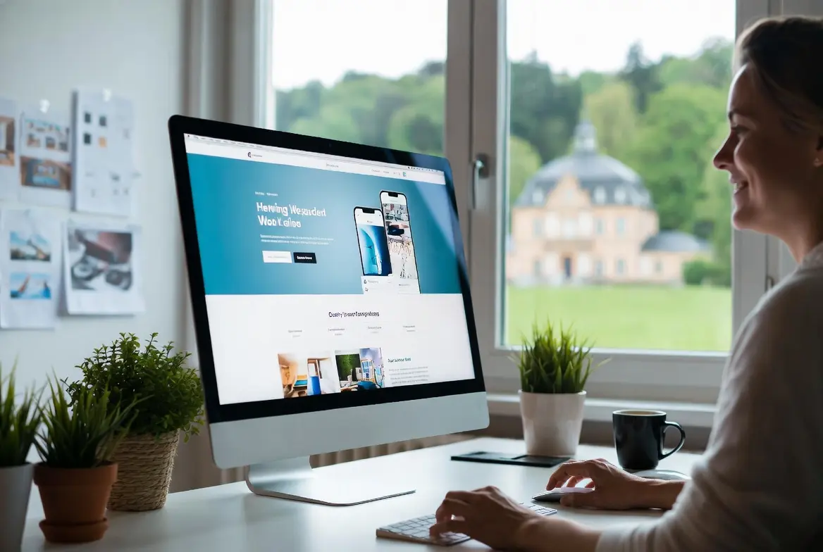 Webdesignerin von MAWE Design am Schreibtisch in Bruchsal – Kreatives Webdesign mit Ausblick auf Schloss Bruchsal